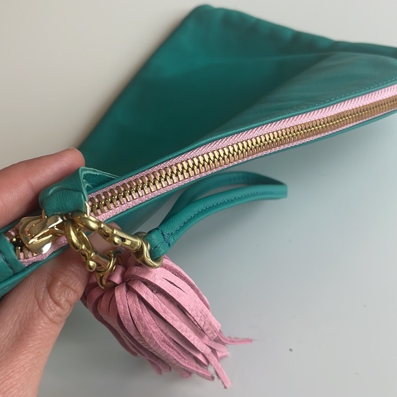 K. Slade Teal Genuine lamb leather Vale pouch, wristlet, and pink Pom tassel. - Picture 7 of 7